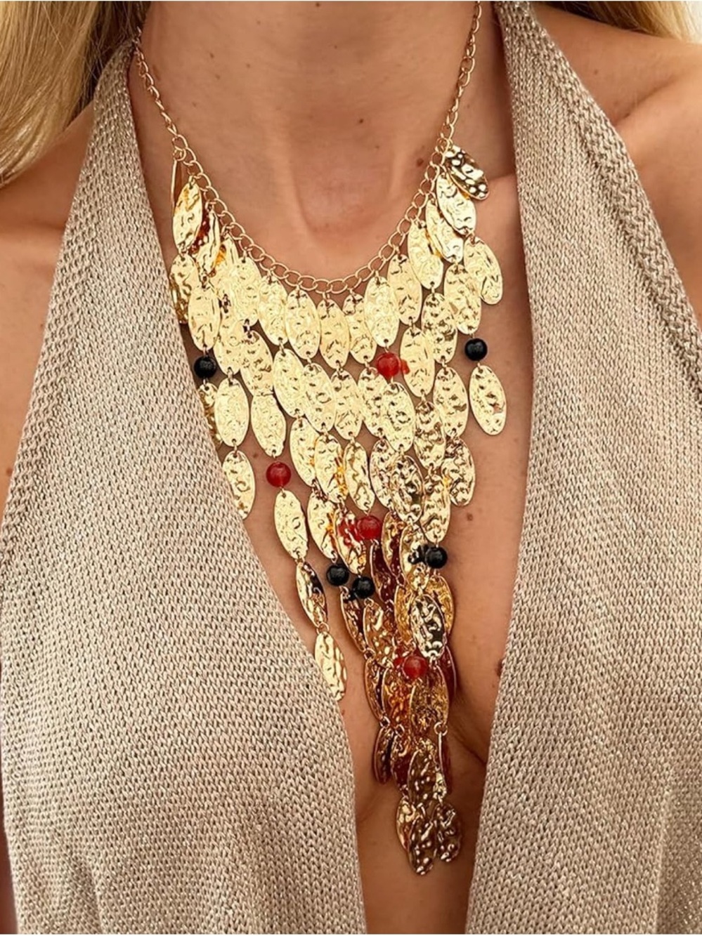 14K Gold Plated Hammered Coins Statement Necklace